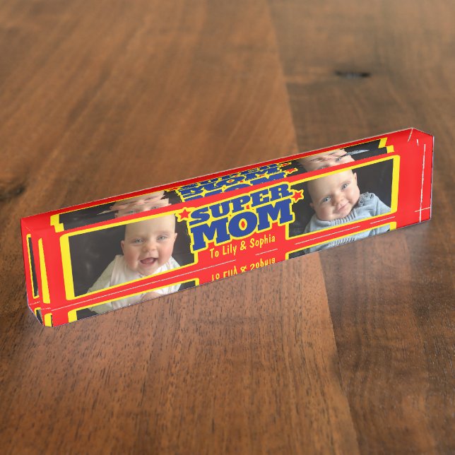 Super Mom kids name and photo desk plaque Nameplate (Side)