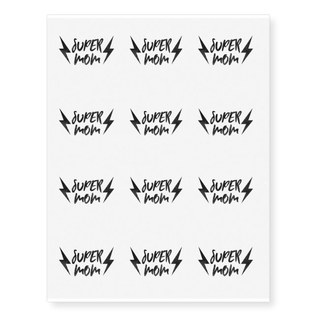 Super Mom Lightning Bolt Rock'n Roll Script Temporary Tattoos (Front)