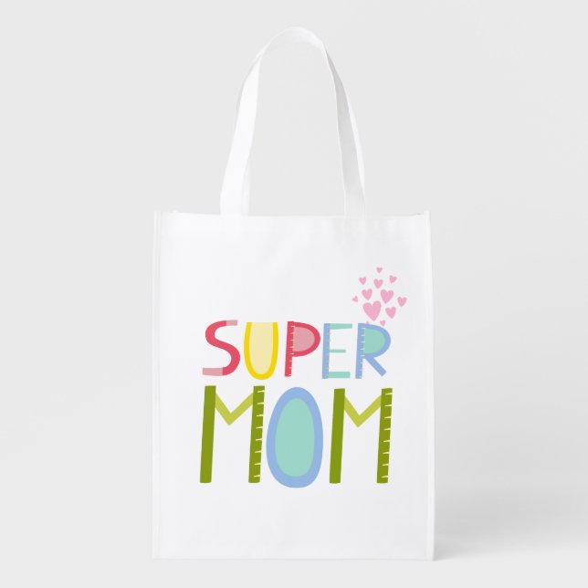 SUPER MOM Mother's Day Birthday Christmas Modern Grocery Bag (Front)