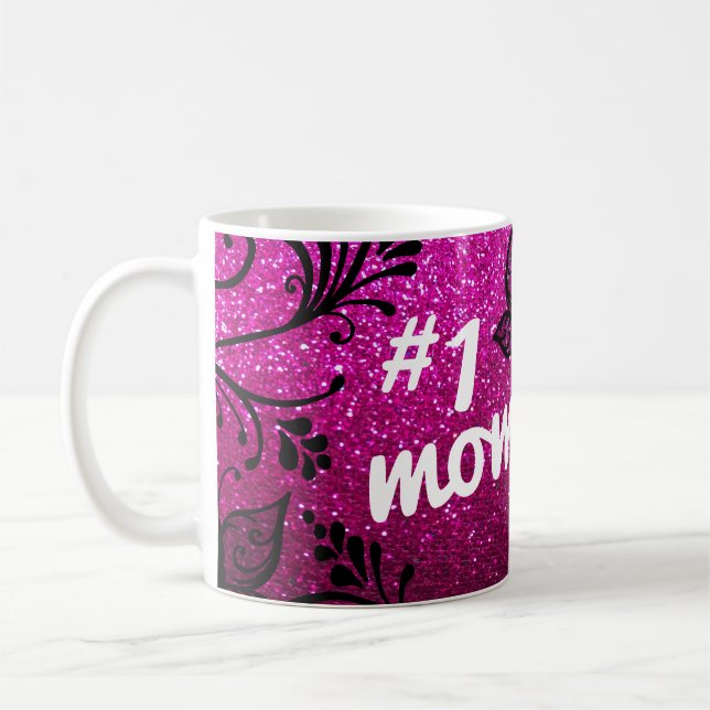 Super Mom Mothers Day Flowers Butterfly Glitter    Coffee Mug (Left)