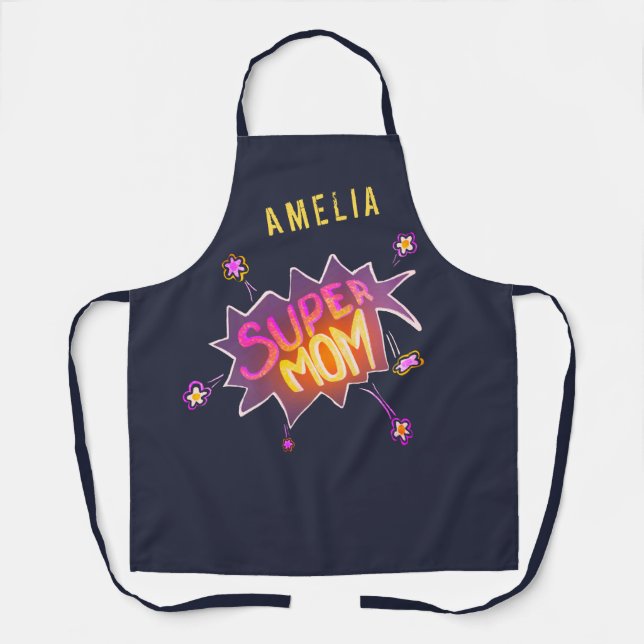 Super Mom Neon Comic Bubble Flower Mother`s Day Apron (Front)