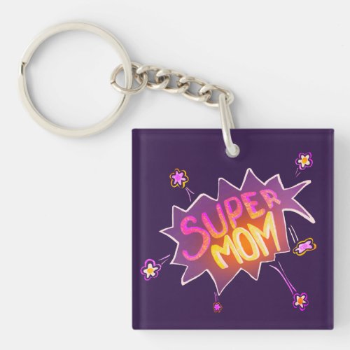 Super Mom Neon Flower Comic Bubble Drawing Keychain - Super Mom Neon Flower Comic Bubble Drawing Keychain. Hand-drawn lettering and flowers in a comic action bubble. Great gift for a cool mom for Mother`s Day, birthday or Christmas.