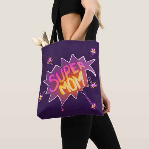 Super Mom Neon Flower Comic Bubble Mother`s Day Tote Bag - Super Mom Neon Flower Comic Bubble Drawing Mother`s Day Pillow. Hand-drawn lettering and flowers in a comic action bubble in neon pink and yellow colors. Great gift for a cool mom for Mother`s Day, birthday or Christmas.