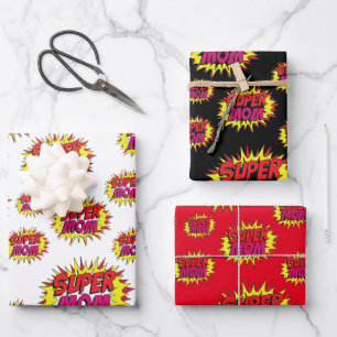 Super Mom on Red, White and Black Wrapping Paper Sheets