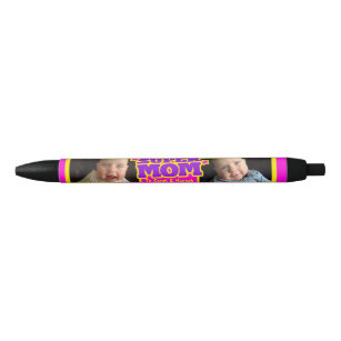 Super Mom pink kids name and photo  Black Ink Pen