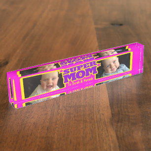 Super Mom pink kids name and photo desk plaque Desk Name Plate
