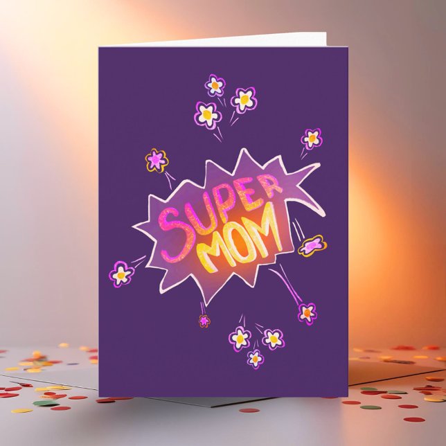Super Mom Pink Neon Flower Comic Bubble  Card (Creator Uploaded)