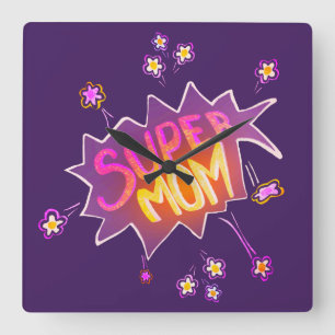 Super Mom Pink Neon Flower Comic Bubble Square Wall Clock