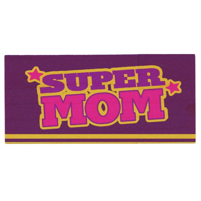 Super Mom pink purple yellow striped custom Wood Flash Drive (Front)