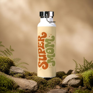 SUPER MOM Playful Retro Groovy Typography Water Bottle