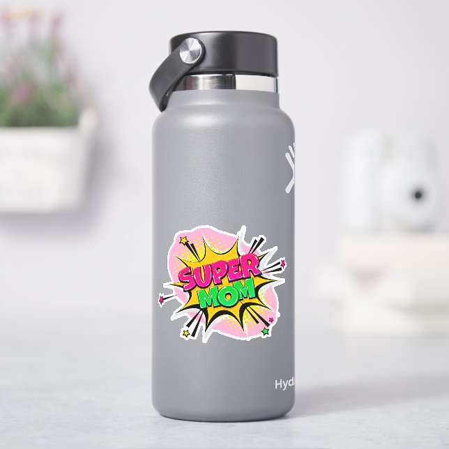 Super Mom Pop Art Pink Yellow Green 4" Vinyl  Sticker (HydroFlask)