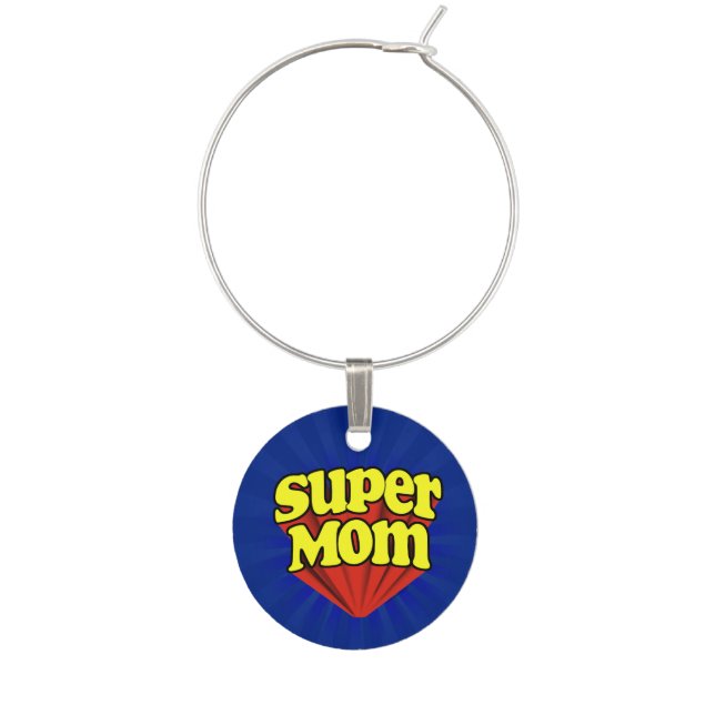 Super Mom Red/Yellow/Blue Superhero Wine Glass Charm (Front)