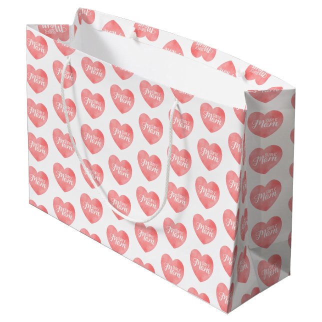 Super mom text in pink heart large gift bag (Back Angled)