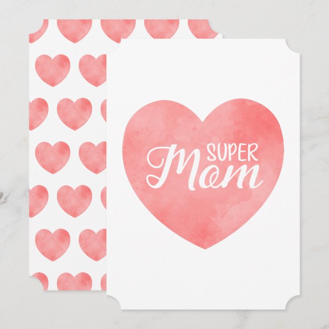 Super Mom text in pink heart, mother's day design Holiday Card (Front/Back)