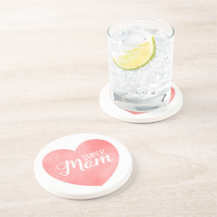 Super Mom text in pink painted heart Coaster