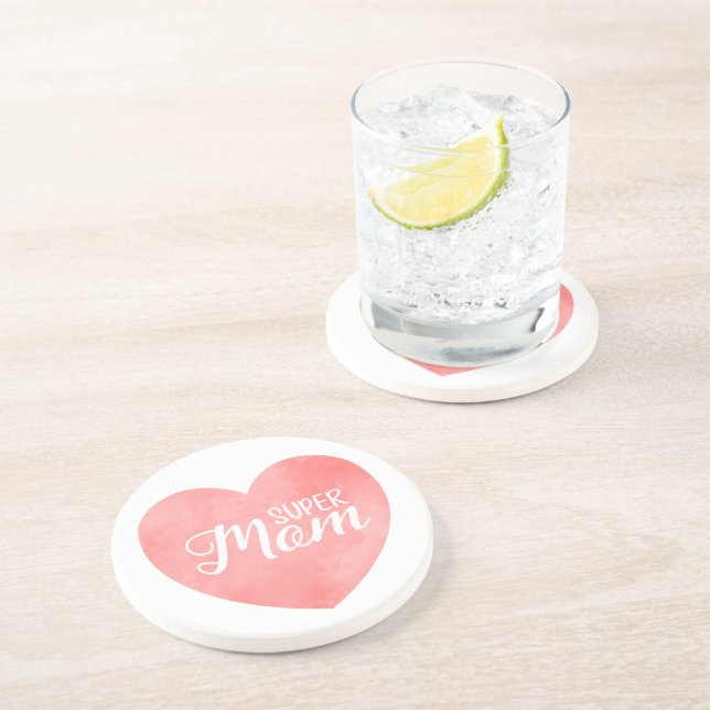 Super Mom text in pink painted heart Coaster (Side)