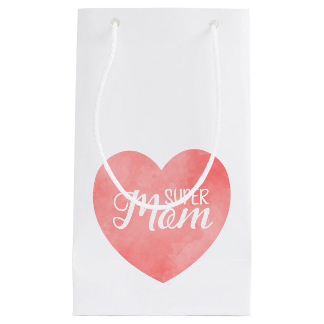Super Mom text in pink painted heart Small Gift Bag (Front)