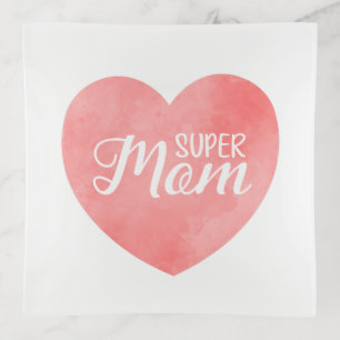 Super Mom text in pink painted heart Trinket Tray