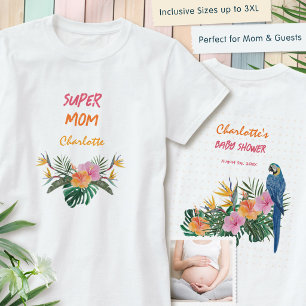 SUPER MOM Tropical Parrot Back Print Baby Shower T-Shirt