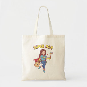 Super Mom With Cleaning Brush and Groceries Funny Tote Bag