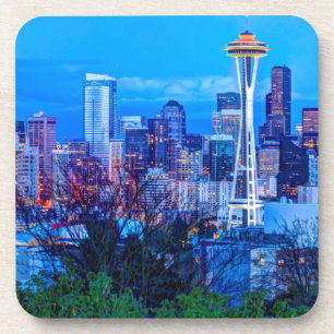 Super Moon rising near Seattle skyline Drink Coaster