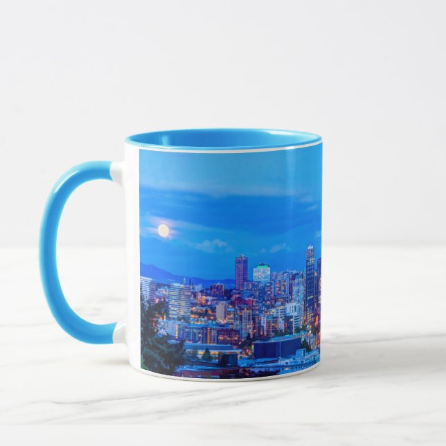 Super Moon rising near Seattle skyline Mug (Left)
