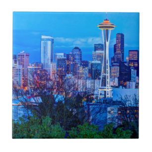 Super Moon rising near Seattle skyline Tile