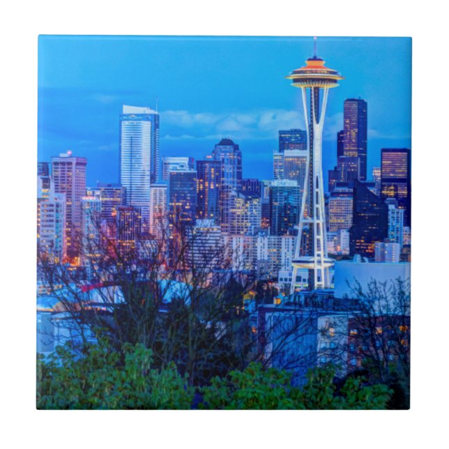 Super Moon rising near Seattle skyline Tile (Front)