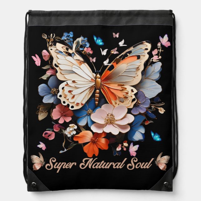 Super Natural Soul: Butterfly Garden Art Drawstring Bag (Front)