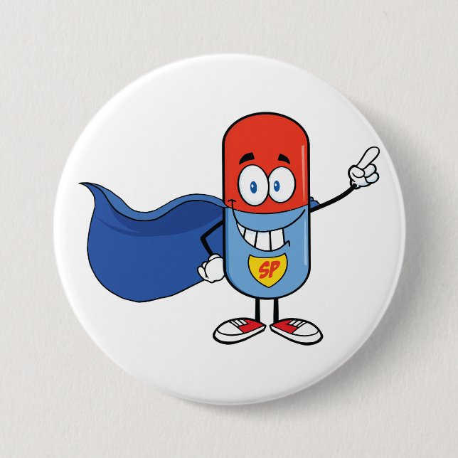 Super Pill Cartoon Hero Character Button (Front)