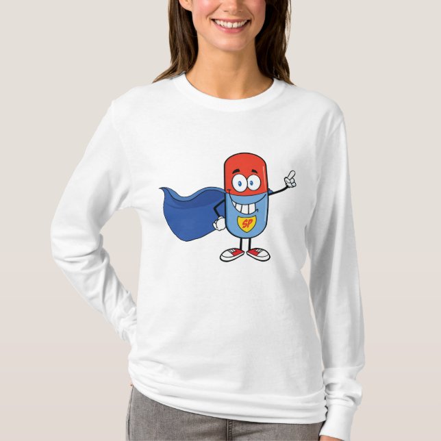Super Pill Cartoon Hero Character T-Shirt (Front)