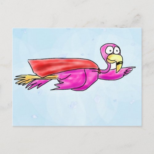 Super Pink Flamingo w Flying Cape Whimsical Art Postcard