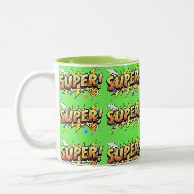 Super!, Pop Art, by Natasha Us   Two-Tone Coffee Mug (Left)