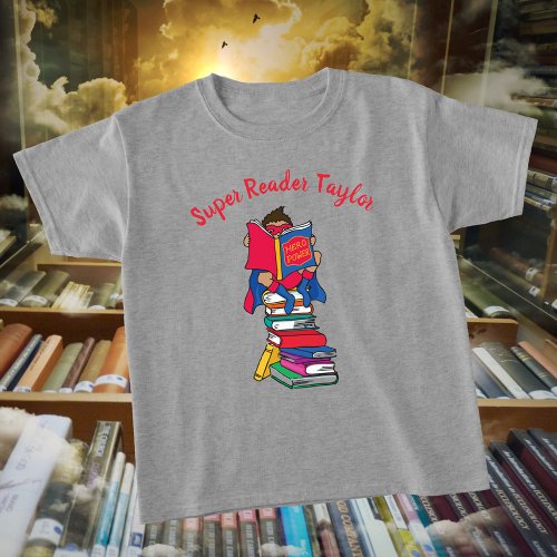 Super reader cartoon style boy on books T_Shirt