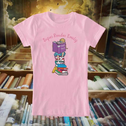 Super reader cartoon style girl on books T_Shirt