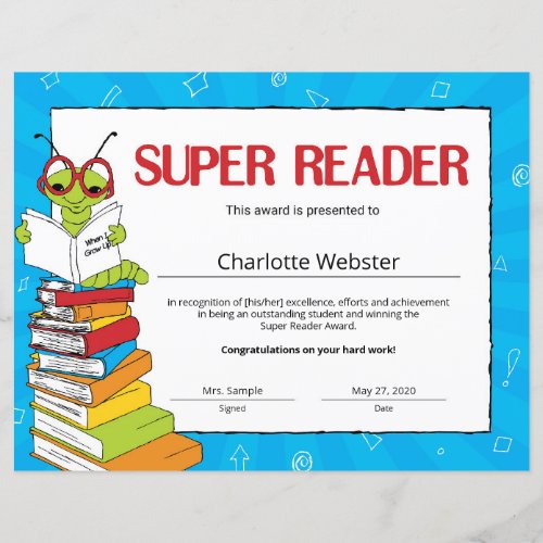 Super Reader Student Recognition Certificates