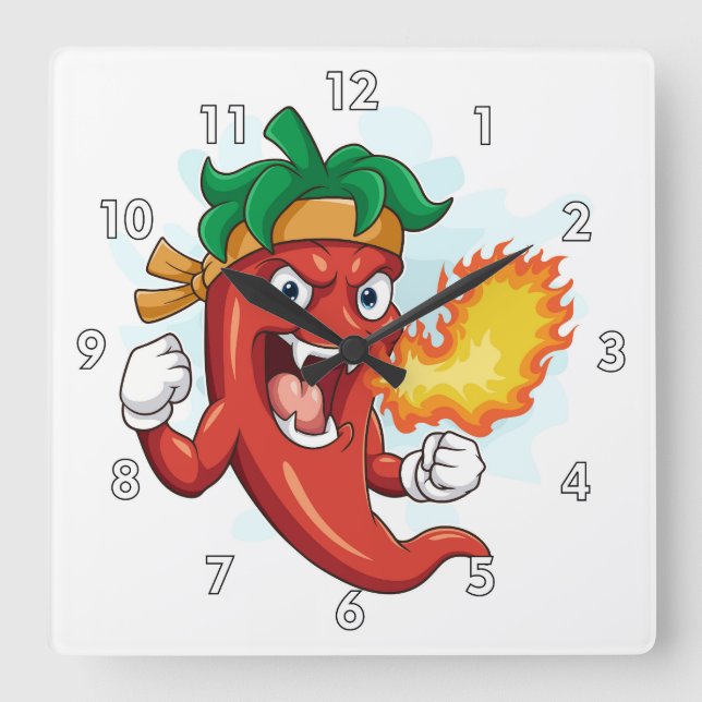 Super Red-Hot Cartoon Chili Pepper Square Wall Clock (Front)