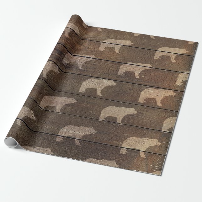 Super Rustic Brown Wood with Bears Mountain Cabin Wrapping Paper (Unrolled)