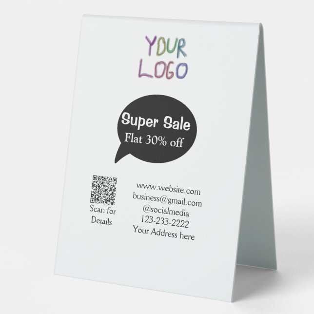 super sale business discount scan QR code details  Table Tent (Front)