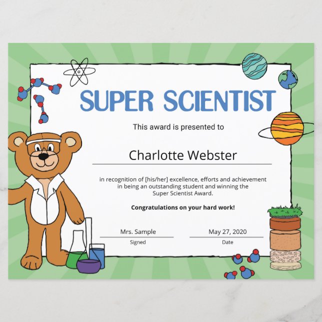 Super Scientist Student Recognition Certificates (Front)