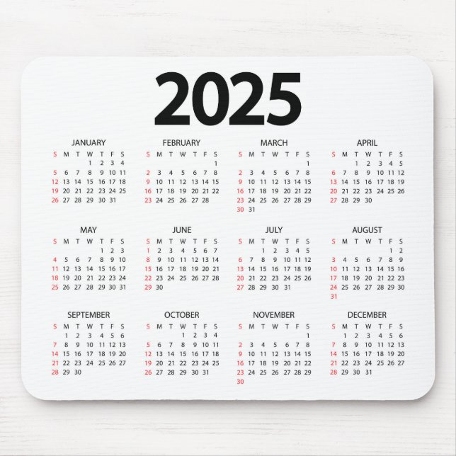 Super Simple 2025 White Background Calendar Mouse Pad (Front)