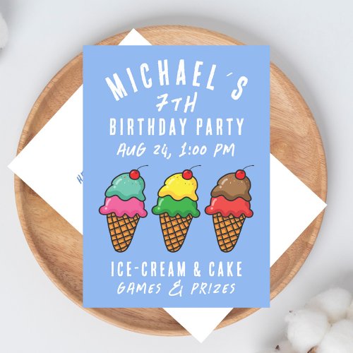 Super Simple Ice_Cream Blue Kids Birthday Party  Invitation