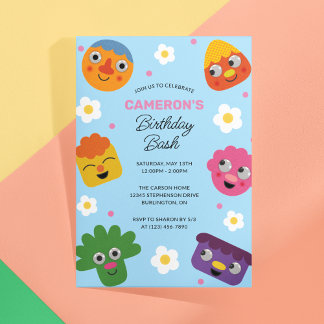Super Simple | Noodle & Pals Blue Floral Birthday Invitation