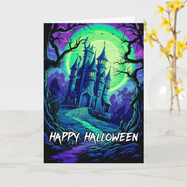 Super Sinister Halloween Haunted House Card (Yellow Flower)