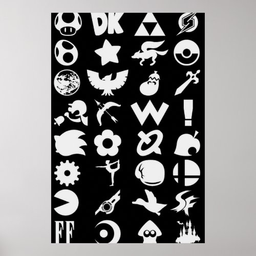 Super Smash Bros Ultimate Series Logos  White Icon Poster