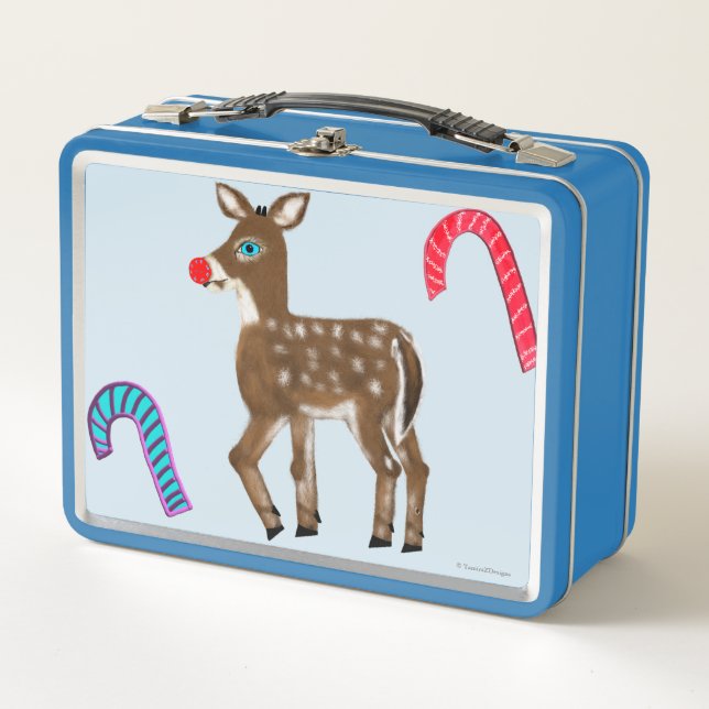 Super Snow Blue Eyed Reindeer Christmas Tree Metal Lunch Box (Front)