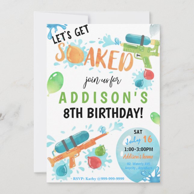 Super Soaker Birthday Invitation Card (Front)