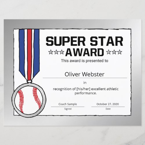 Super Star Baseball Certificate Award Sports Certi