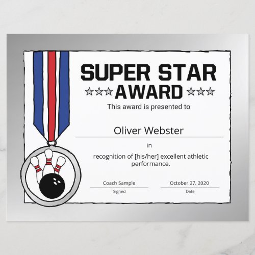 Super Star Bowling Player Award BowlingCertificate
