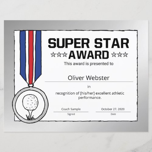 Super Star Golf Player Award Golf Certificate
